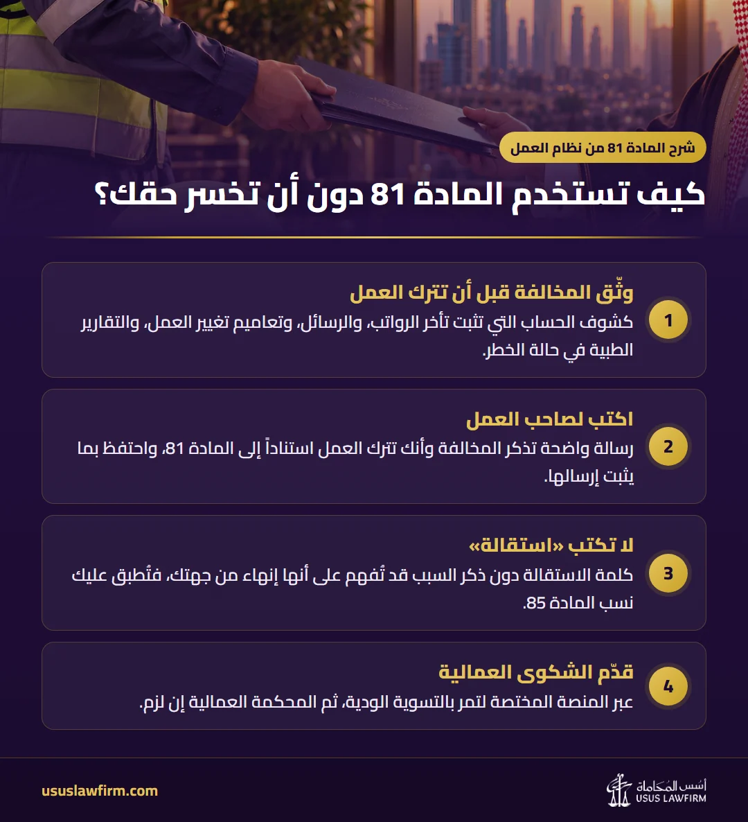 كيف تستخدم المادة 81 دون أن تخسر حقك؟ — شرح المادة 81 من نظام العمل (إنفوجراف أسس المحاماة)