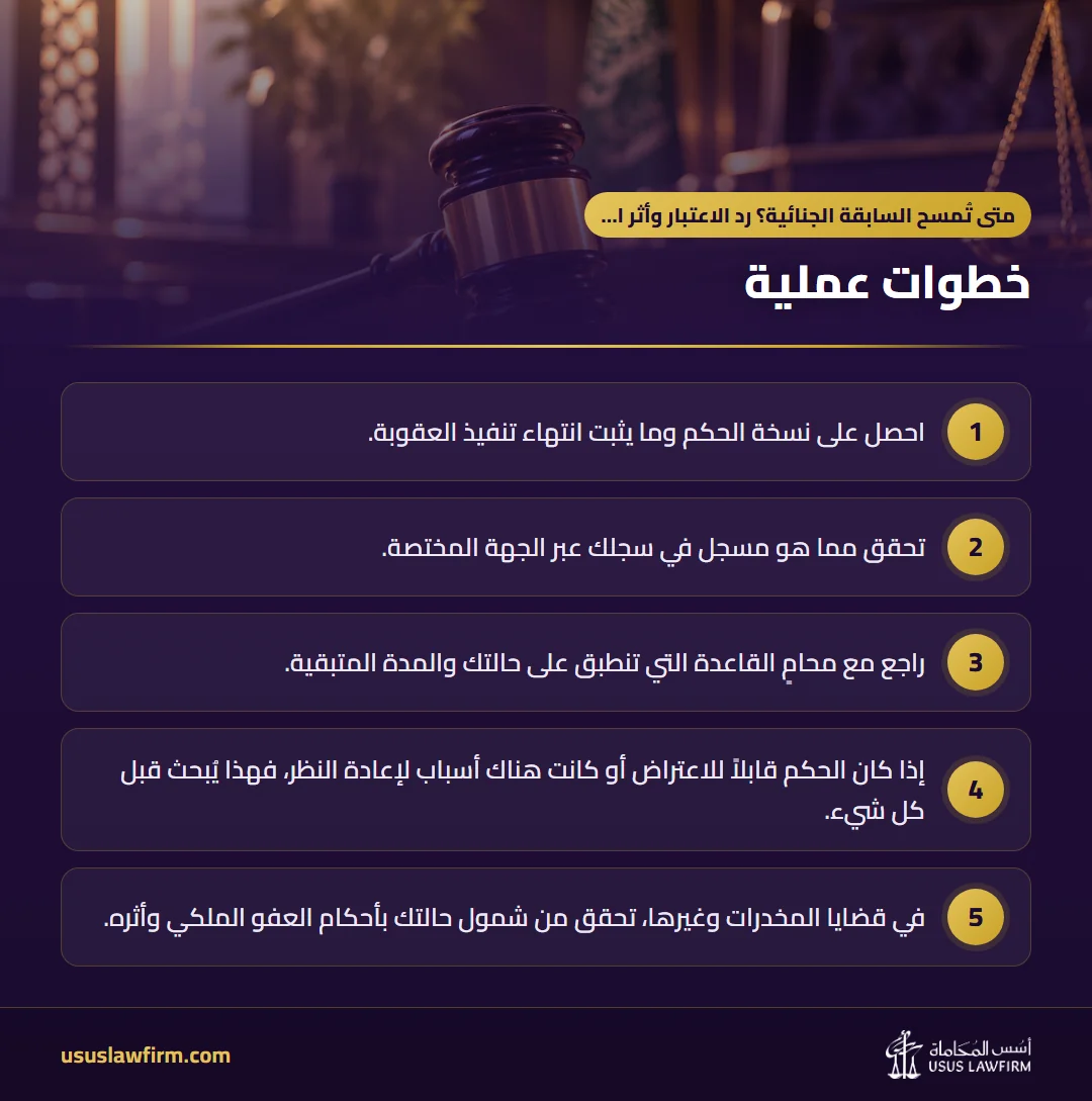 خطوات عملية — متى تُمسح السابقة الجنائية؟ رد الاعتبار وأثر السابقة (إنفوجراف أسس المحاماة)