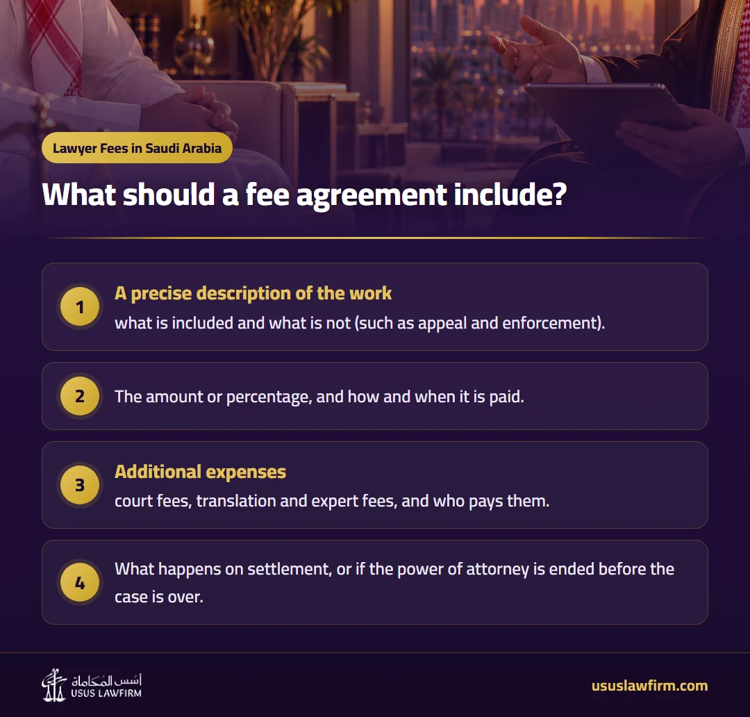 What should a fee agreement include? — Lawyer Fees in Saudi Arabia (Usus Law Firm infographic)