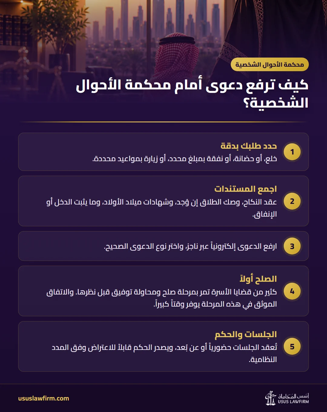 كيف ترفع دعوى أمام محكمة الأحوال الشخصية؟ — محكمة الأحوال الشخصية (إنفوجراف أسس المحاماة)