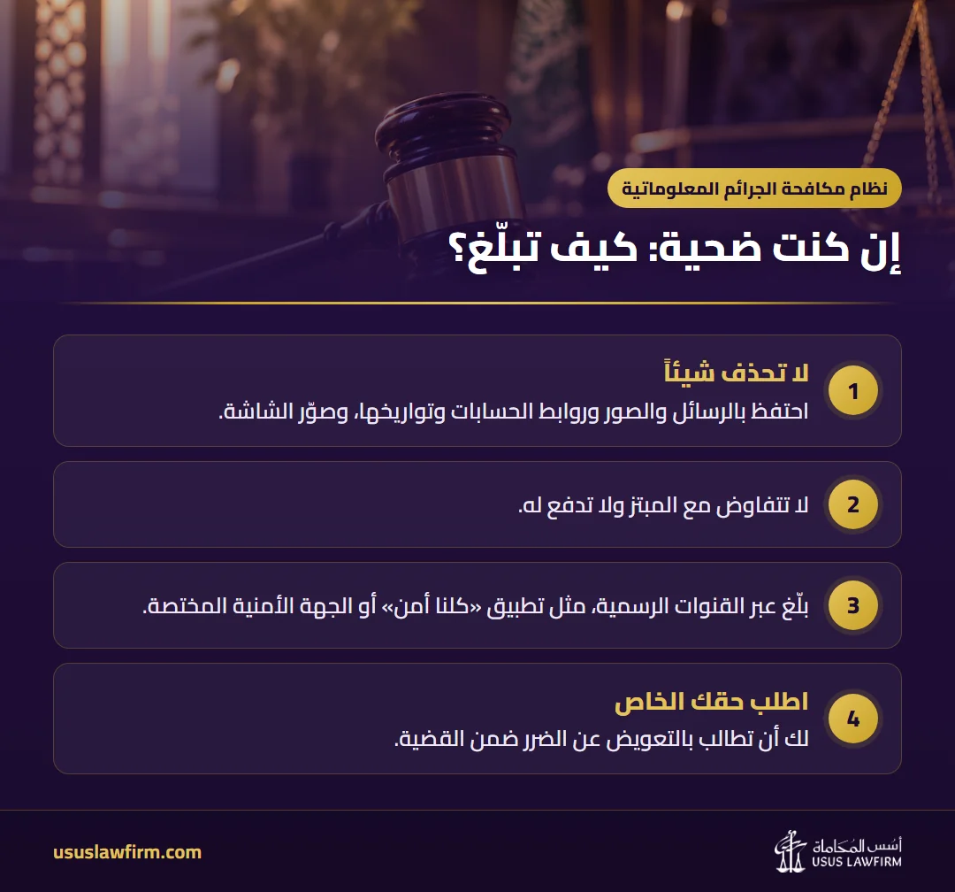 إن كنت ضحية: كيف تبلّغ؟ — نظام مكافحة الجرائم المعلوماتية (إنفوجراف أسس المحاماة)