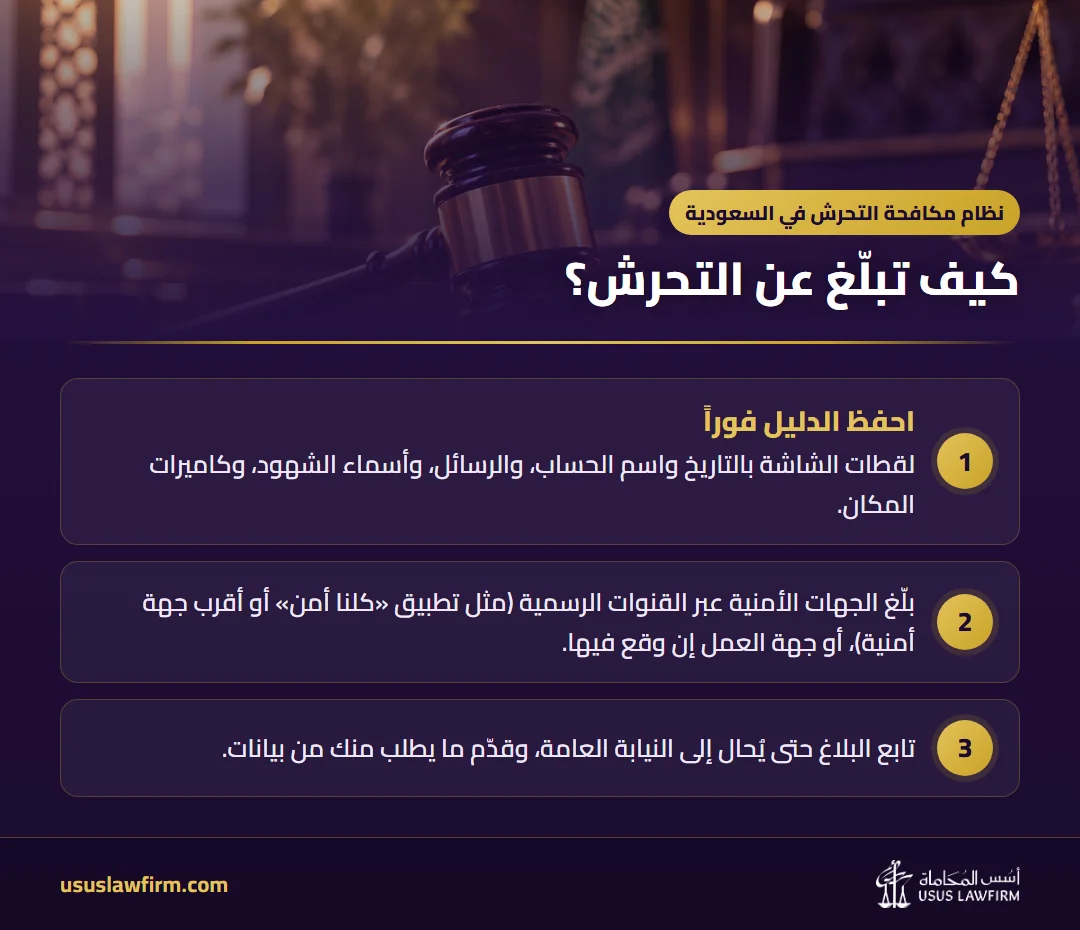 كيف تبلّغ عن التحرش؟ — نظام مكافحة التحرش في السعودية (إنفوجراف أسس المحاماة)
