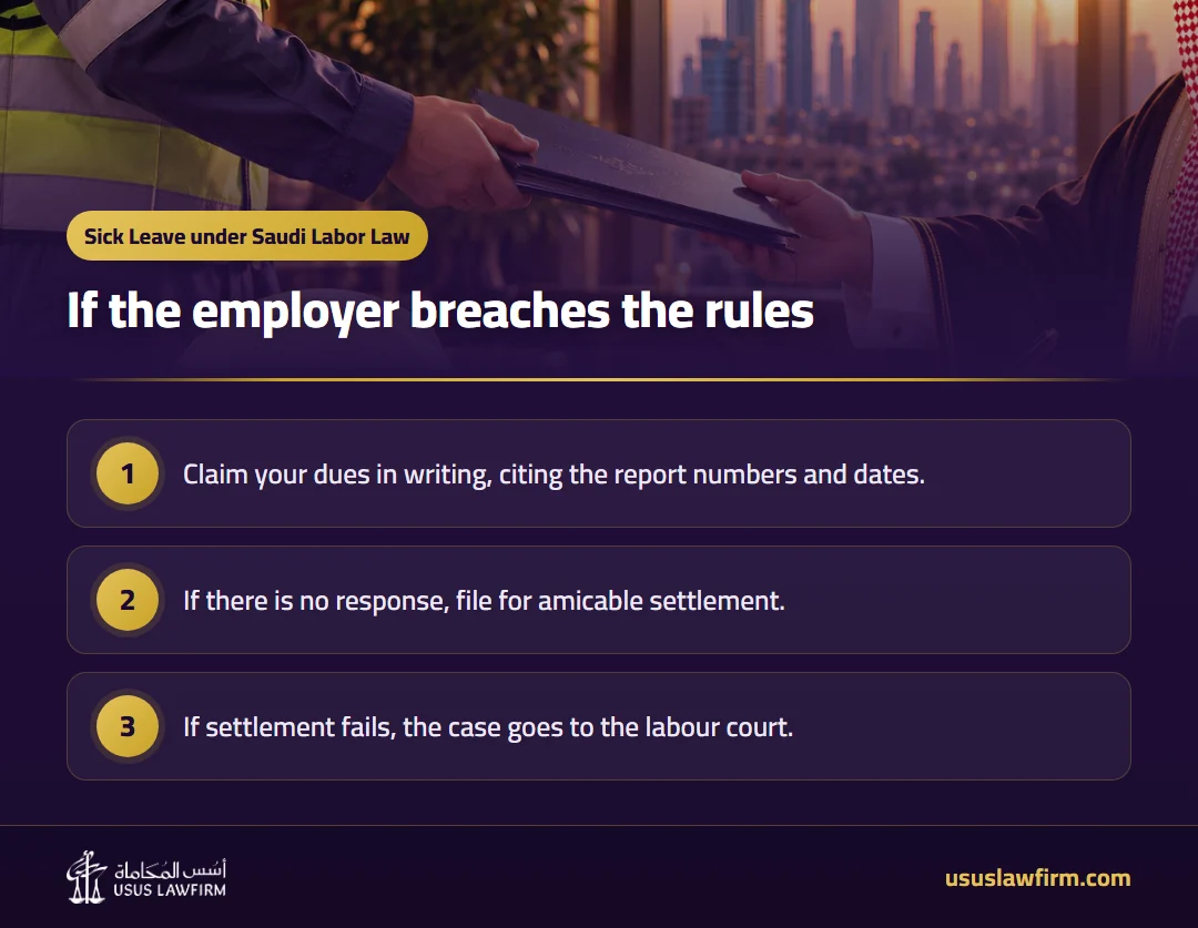 If the employer breaches the rules — Sick Leave under Saudi Labor Law (Usus Law Firm infographic)