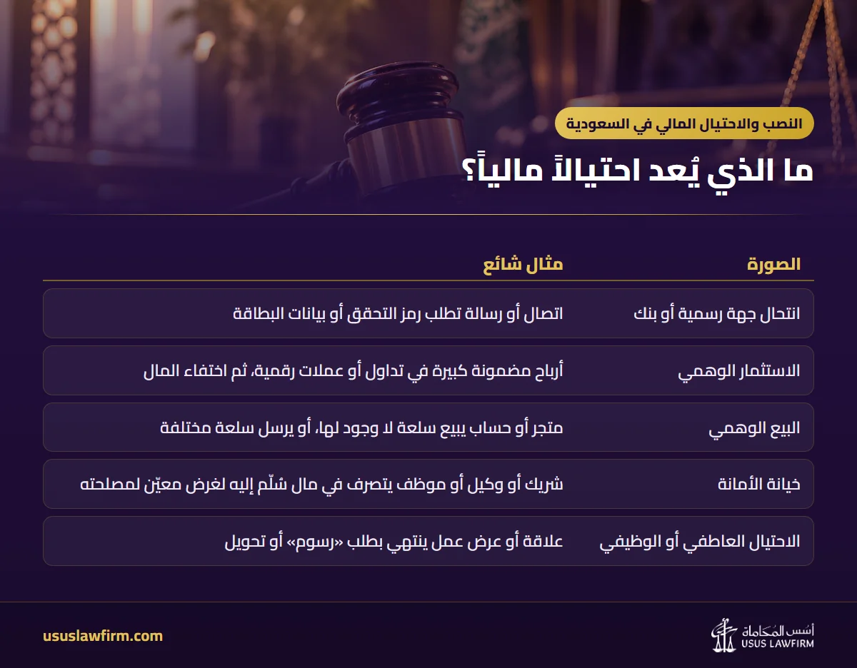 ما الذي يُعد احتيالاً مالياً؟ — النصب والاحتيال المالي في السعودية (إنفوجراف أسس المحاماة)