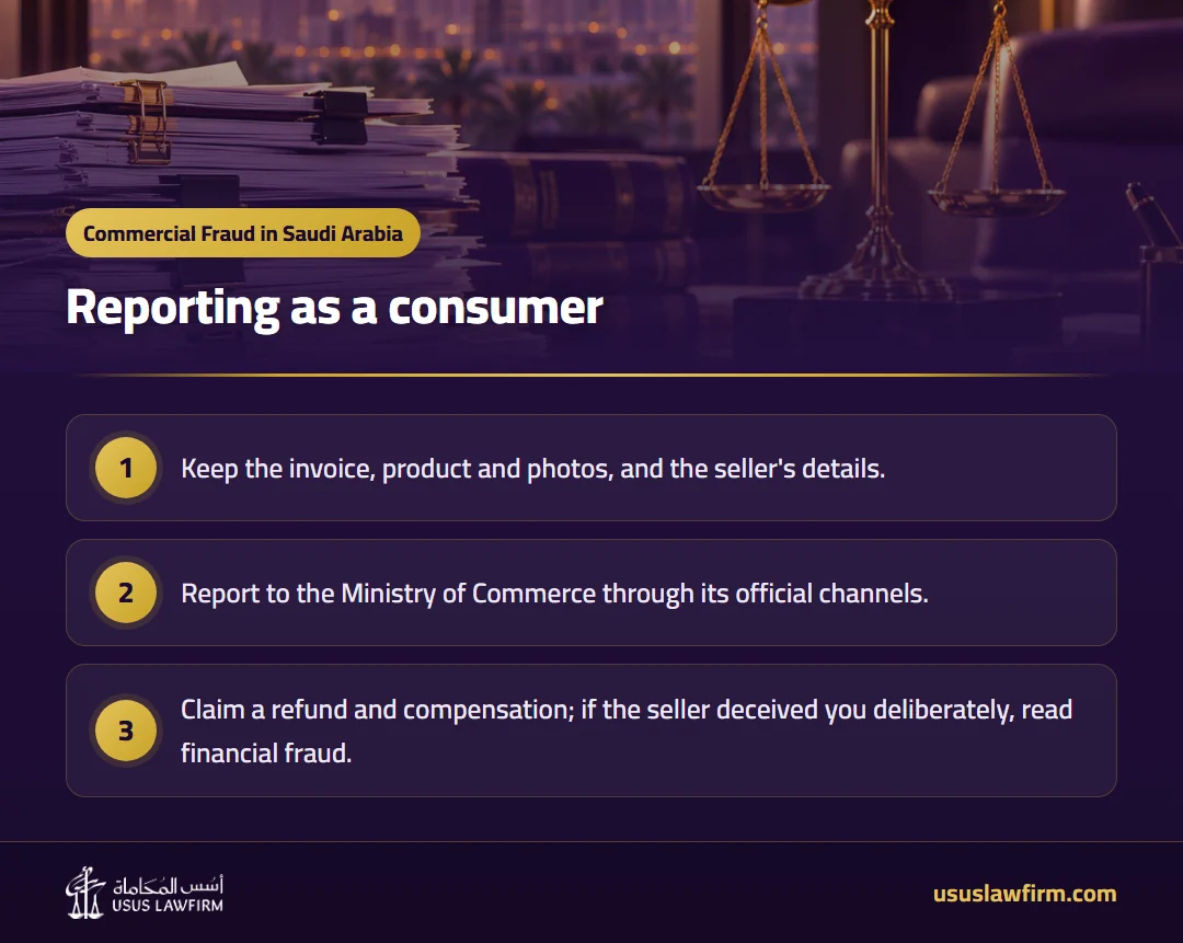 Reporting as a consumer — Commercial Fraud in Saudi Arabia (Usus Law Firm infographic)