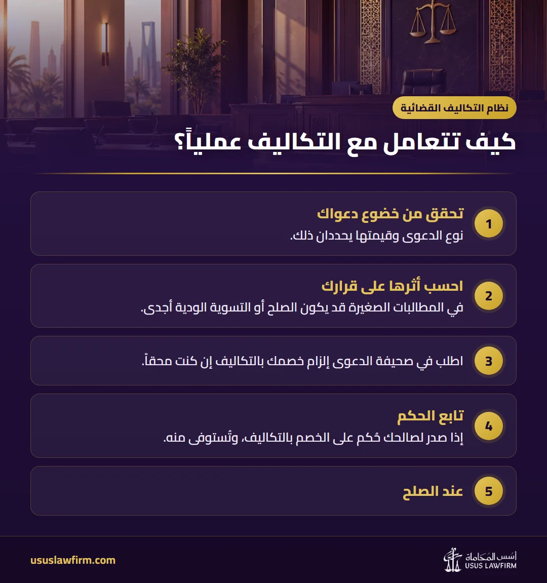 كيف تتعامل مع التكاليف عملياً؟ — نظام التكاليف القضائية (إنفوجراف أسس المحاماة)