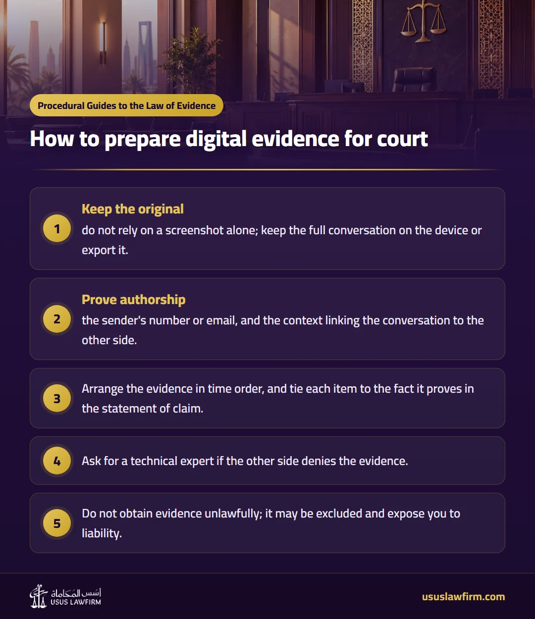 How to prepare digital evidence for court — Procedural Guides to the Law of Evidence (Usus Law Firm infographic)