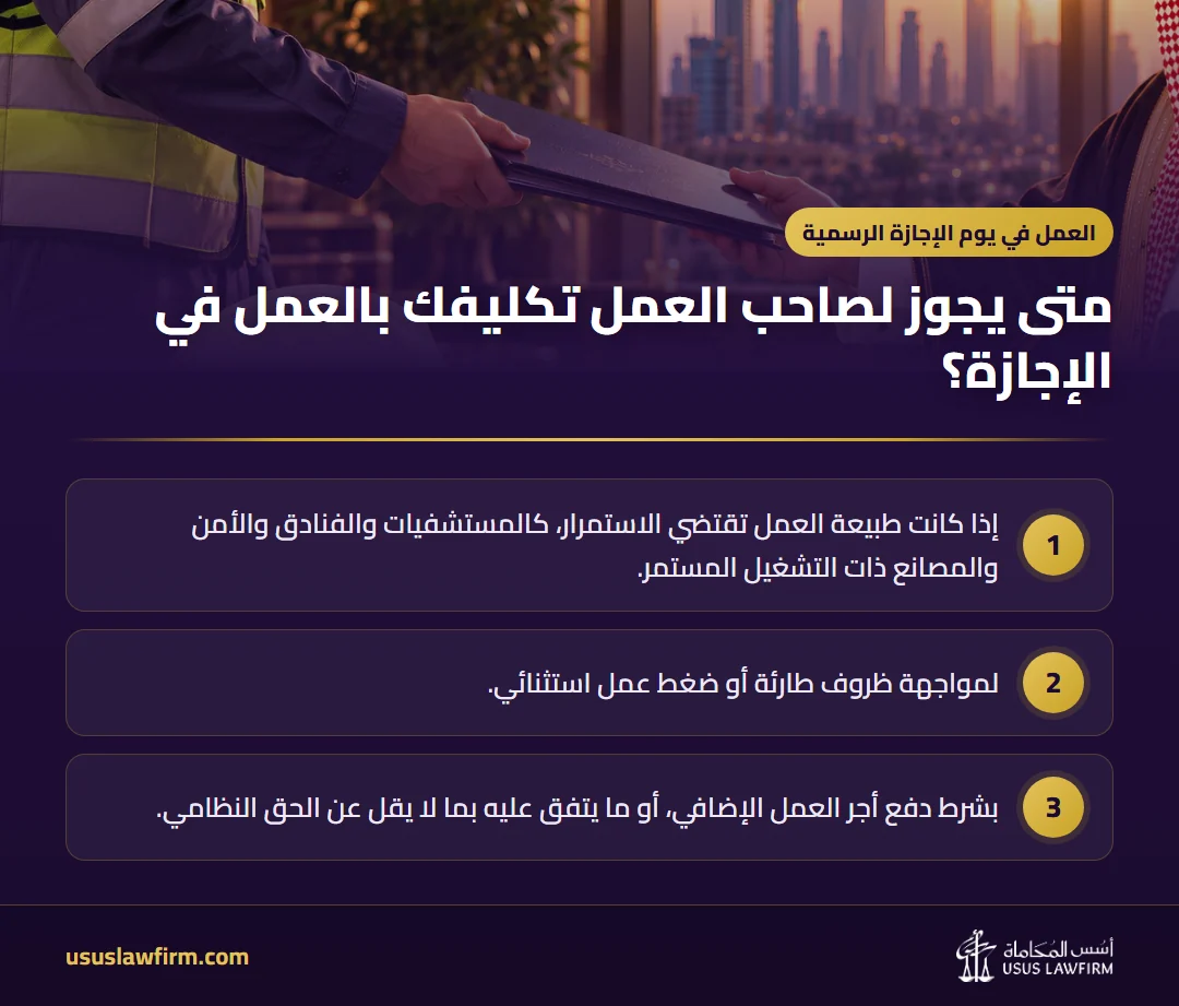 متى يجوز لصاحب العمل تكليفك بالعمل في الإجازة؟ — العمل في يوم الإجازة الرسمية (إنفوجراف أسس المحاماة)
