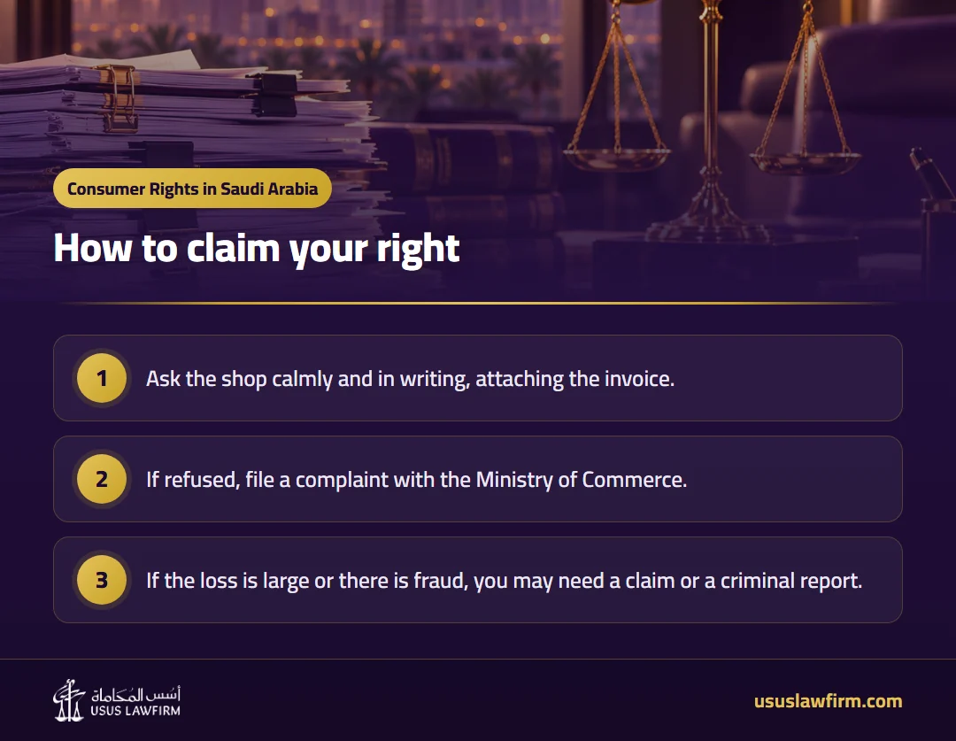 How to claim your right — Consumer Rights in Saudi Arabia (Usus Law Firm infographic)