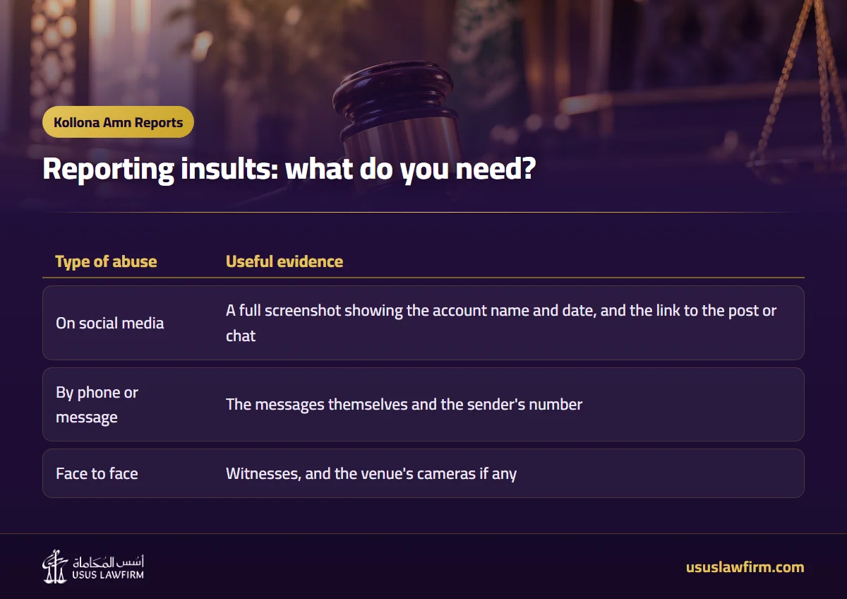 Reporting insults: what do you need? — Kollona Amn Reports (Usus Law Firm infographic)
