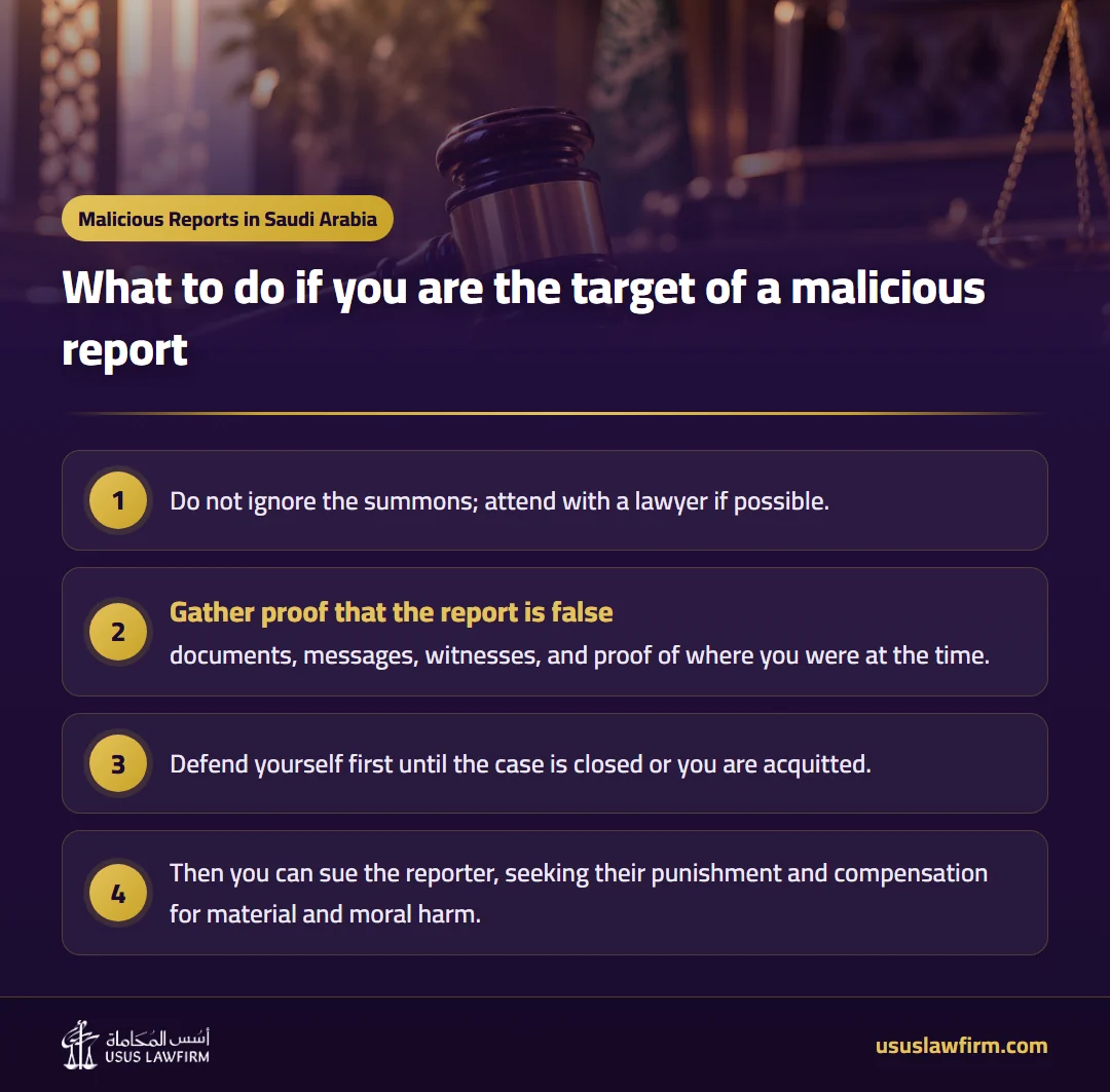 What to do if you are the target of a malicious report — Malicious Reports in Saudi Arabia (Usus Law Firm infographic)