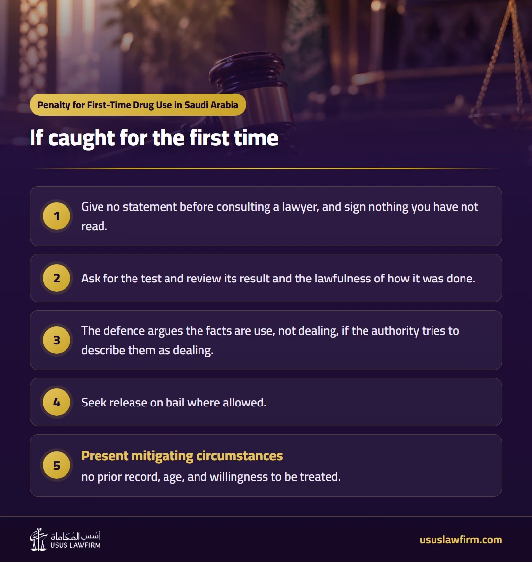 If caught for the first time — Penalty for First-Time Drug Use in Saudi Arabia (Usus Law Firm infographic)