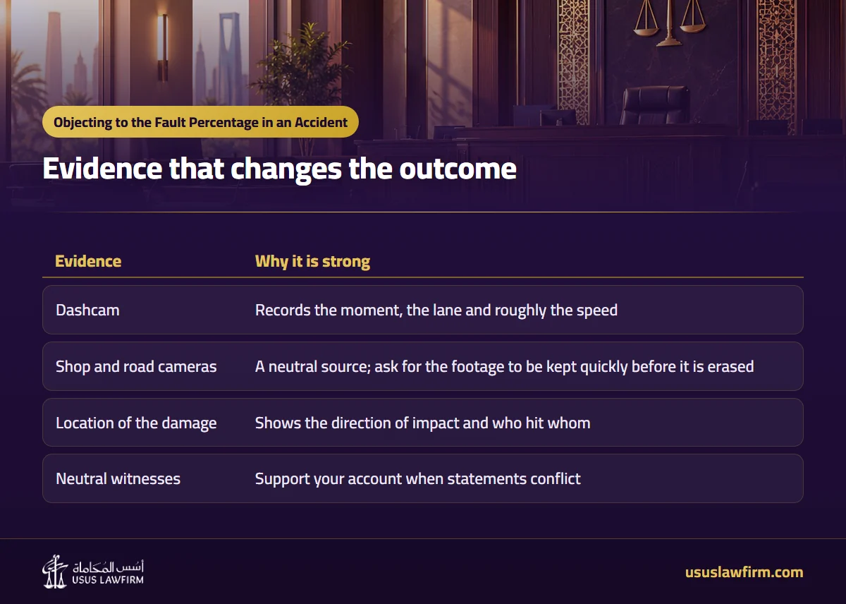 Evidence that changes the outcome — Objecting to the Fault Percentage in an Accident (Usus Law Firm infographic)