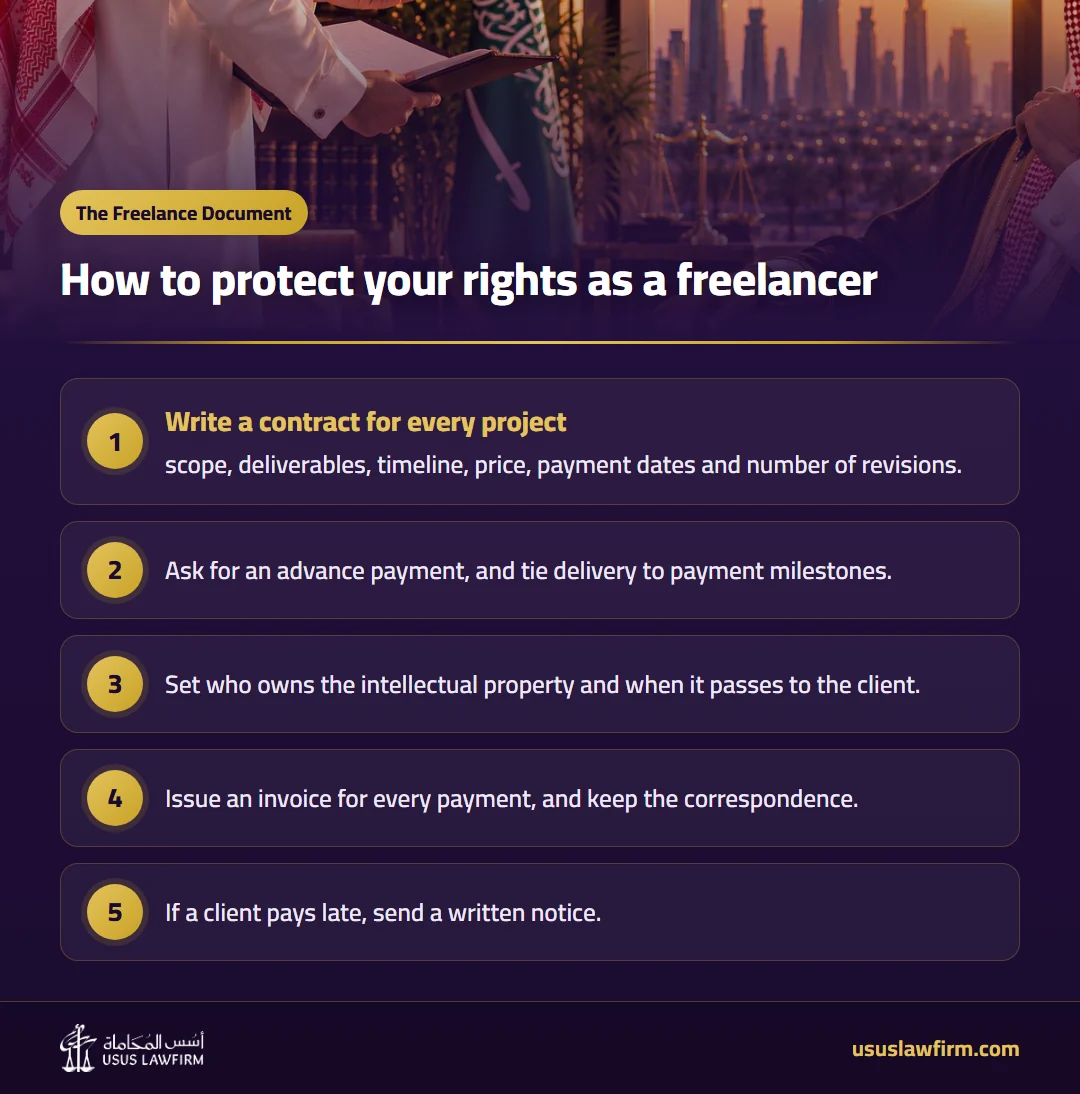 How to protect your rights as a freelancer — The Freelance Document (Usus Law Firm infographic)