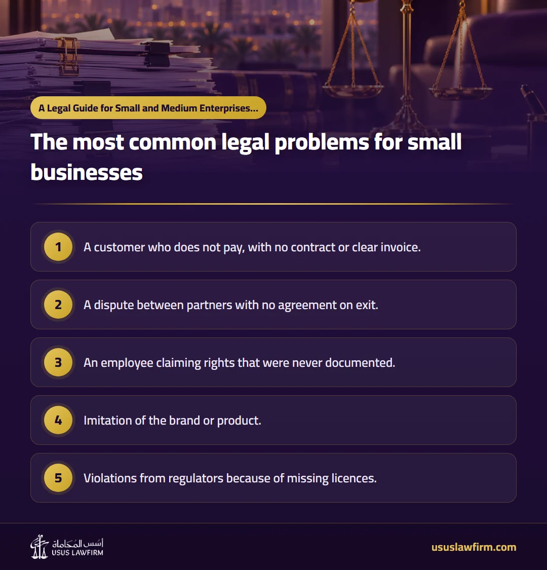 The most common legal problems for small businesses — A Legal Guide for Small and Medium Enterprises in Saudi Arabia (Usus Law Firm infographic)