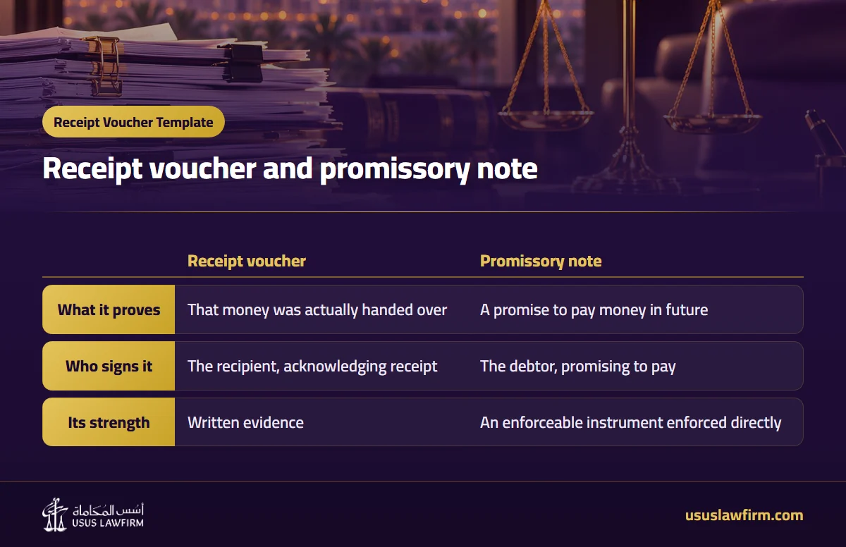 Receipt voucher and promissory note — Receipt Voucher Template (Usus Law Firm infographic)