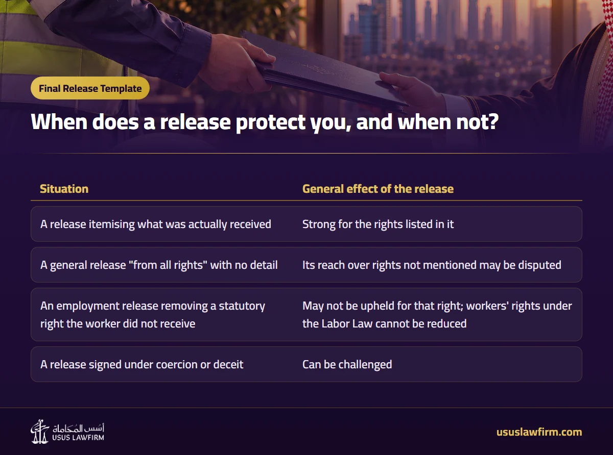When does a release protect you, and when not? — Final Release Template (Usus Law Firm infographic)