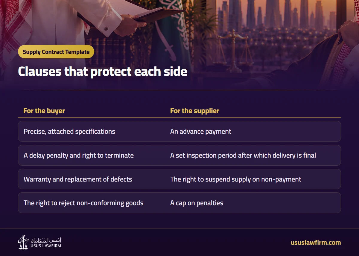 Clauses that protect each side — Supply Contract Template (Usus Law Firm infographic)