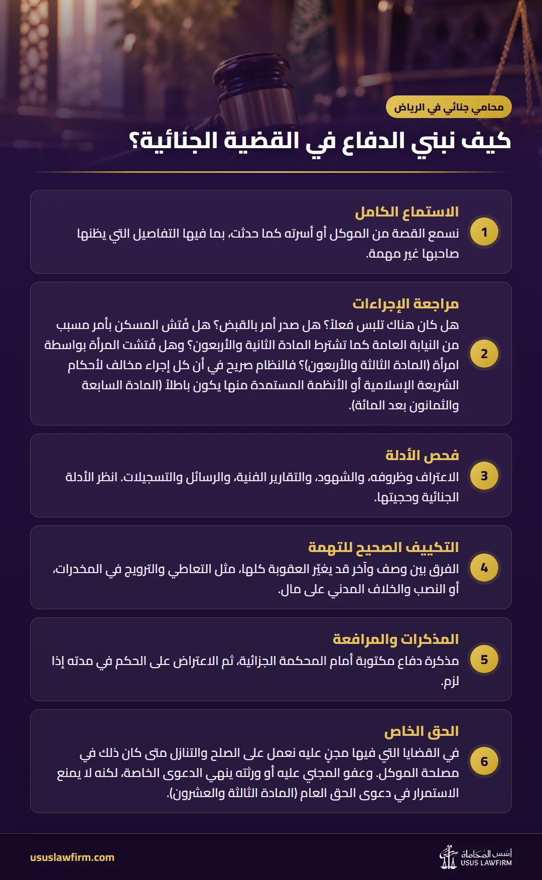 كيف نبني الدفاع في القضية الجنائية؟ — محامي جنائي في الرياض (إنفوجراف أسس المحاماة)