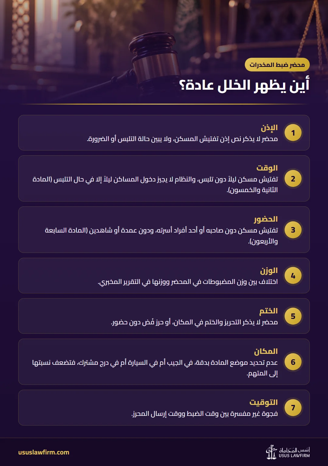 أين يظهر الخلل عادة؟ — محضر ضبط المخدرات (إنفوجراف أسس المحاماة)