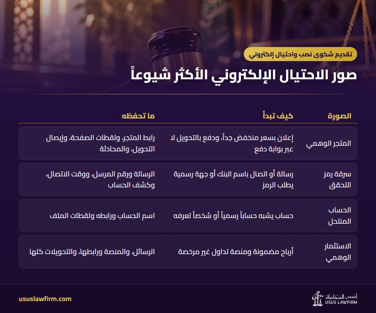 صور الاحتيال الإلكتروني الأكثر شيوعاً — تقديم شكوى نصب واحتيال إلكتروني (إنفوجراف أسس المحاماة)