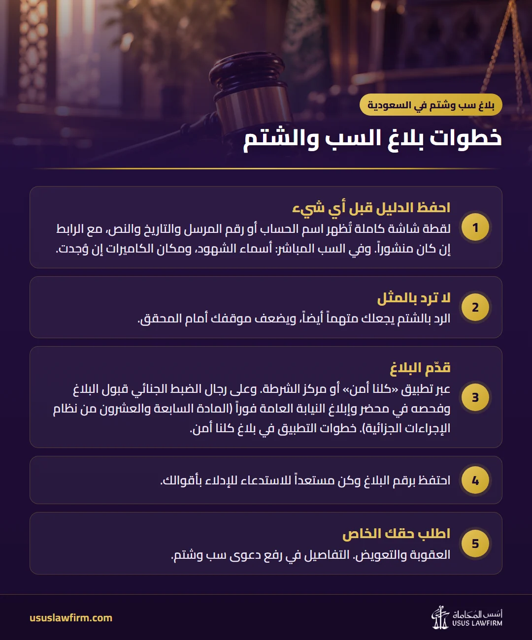 خطوات بلاغ السب والشتم — بلاغ سب وشتم في السعودية (إنفوجراف أسس المحاماة)