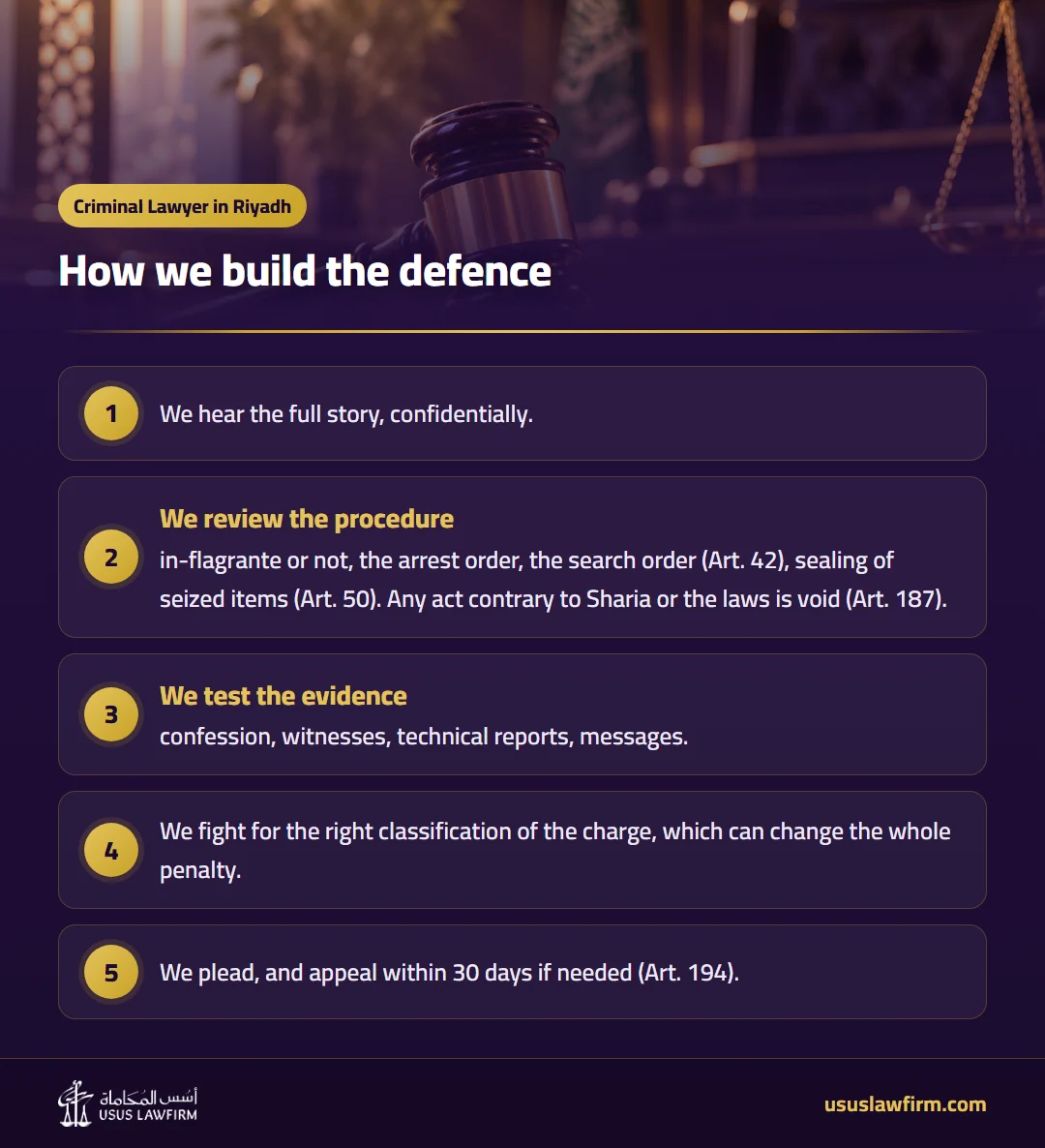 How we build the defence — Criminal Lawyer in Riyadh (Usus Law Firm infographic)