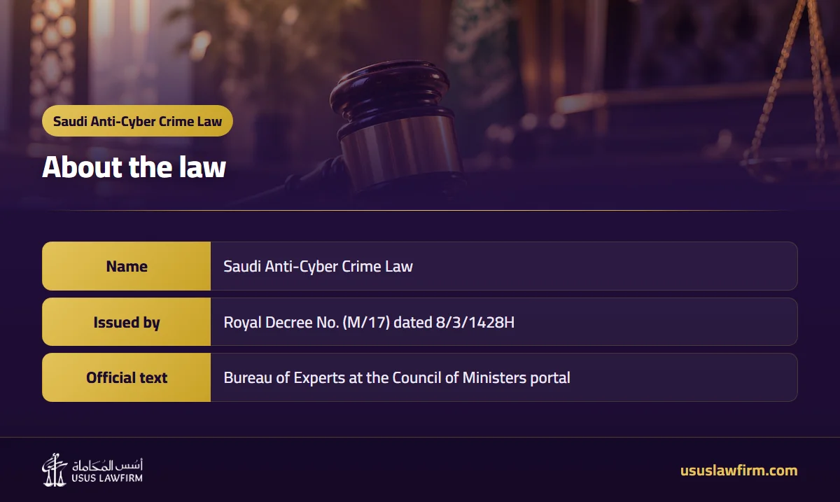 About the law — Saudi Anti-Cyber Crime Law (Usus Law Firm infographic)