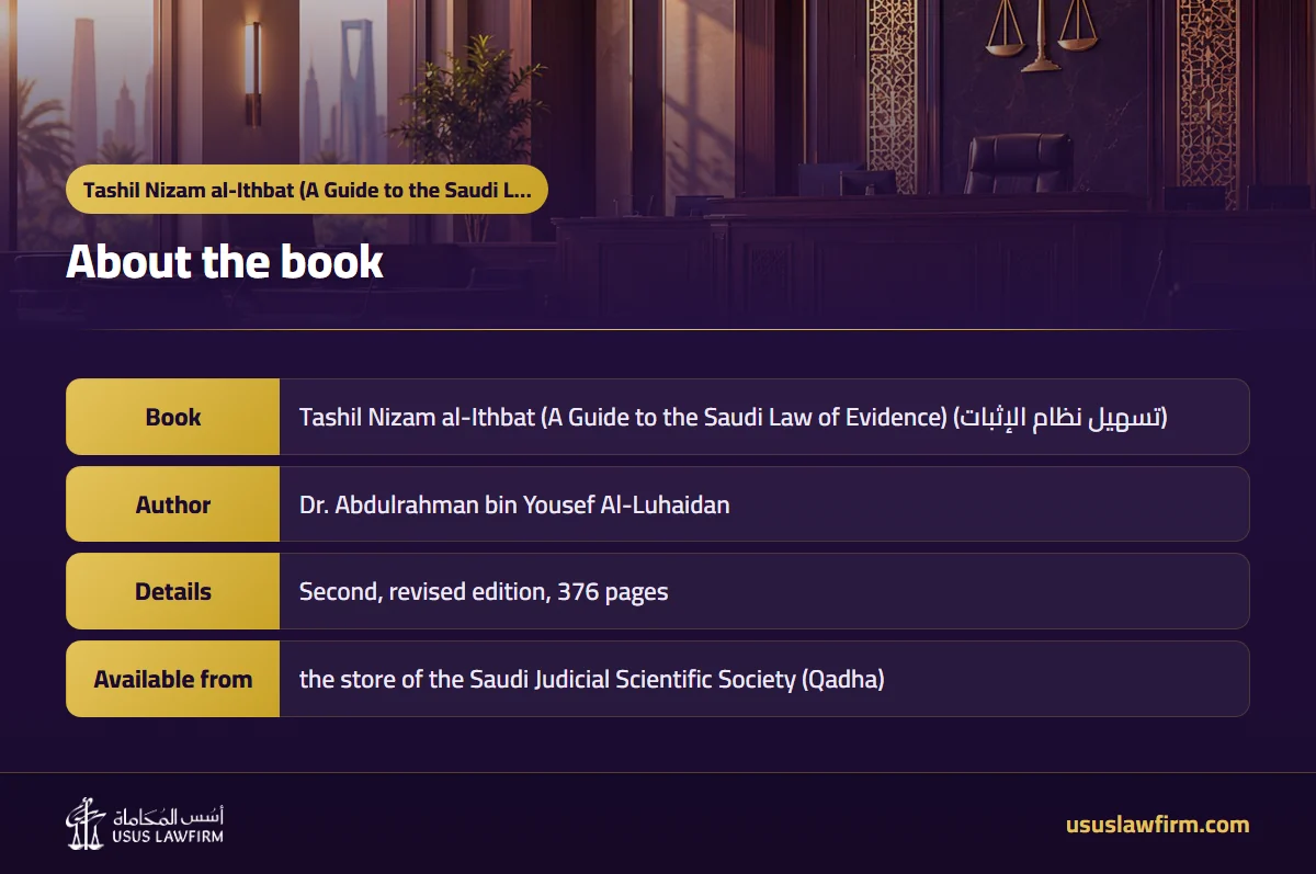 About the book — Tashil Nizam al-Ithbat (A Guide to the Saudi Law of Evidence) by Dr. Abdulrahman bin Yousef Al-Luhaidan (Usus Law Firm infographic)