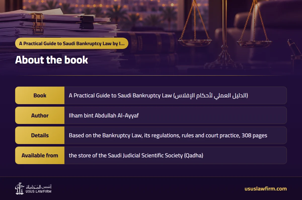 About the book — A Practical Guide to Saudi Bankruptcy Law by Ilham bint Abdullah Al-Ayyaf (Usus Law Firm infographic)