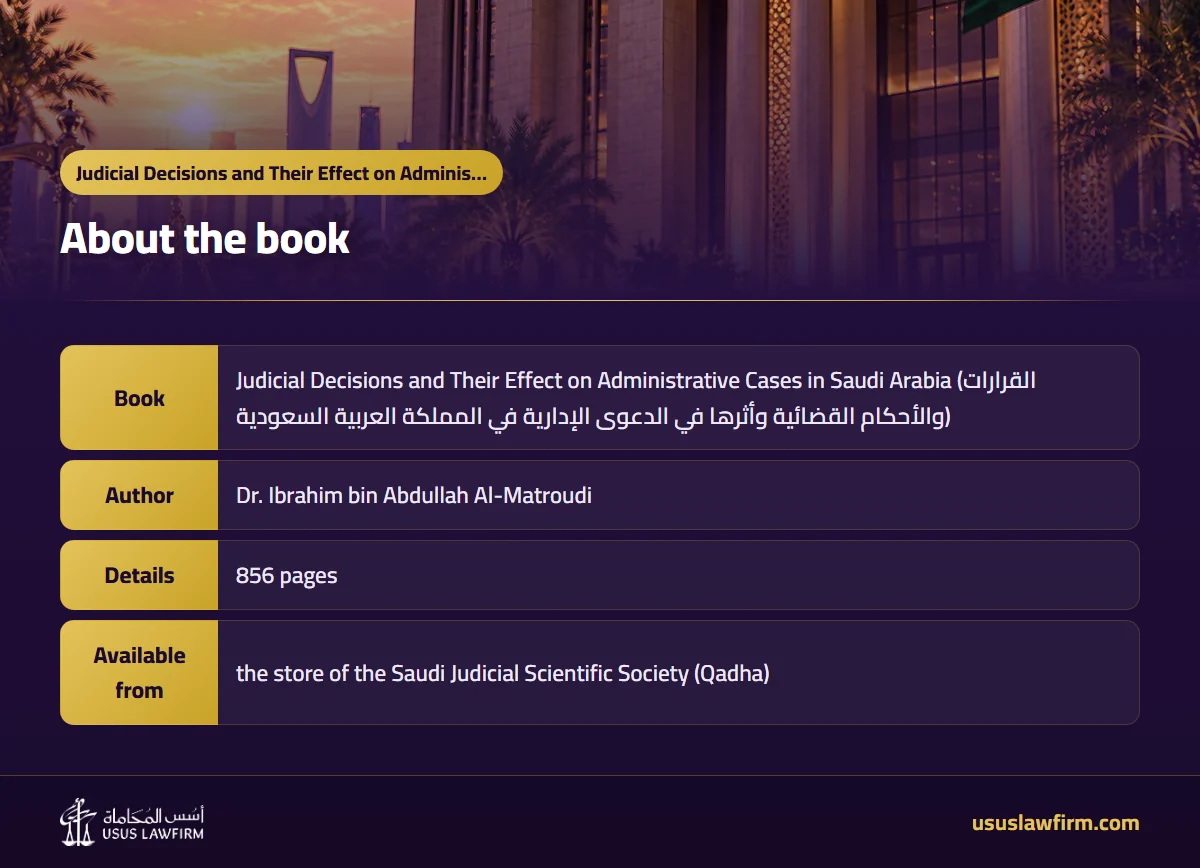 About the book — Judicial Decisions and Their Effect on Administrative Cases in Saudi Arabia by Dr. Ibrahim bin Abdullah Al-Matroudi (Usus Law Firm infographic)