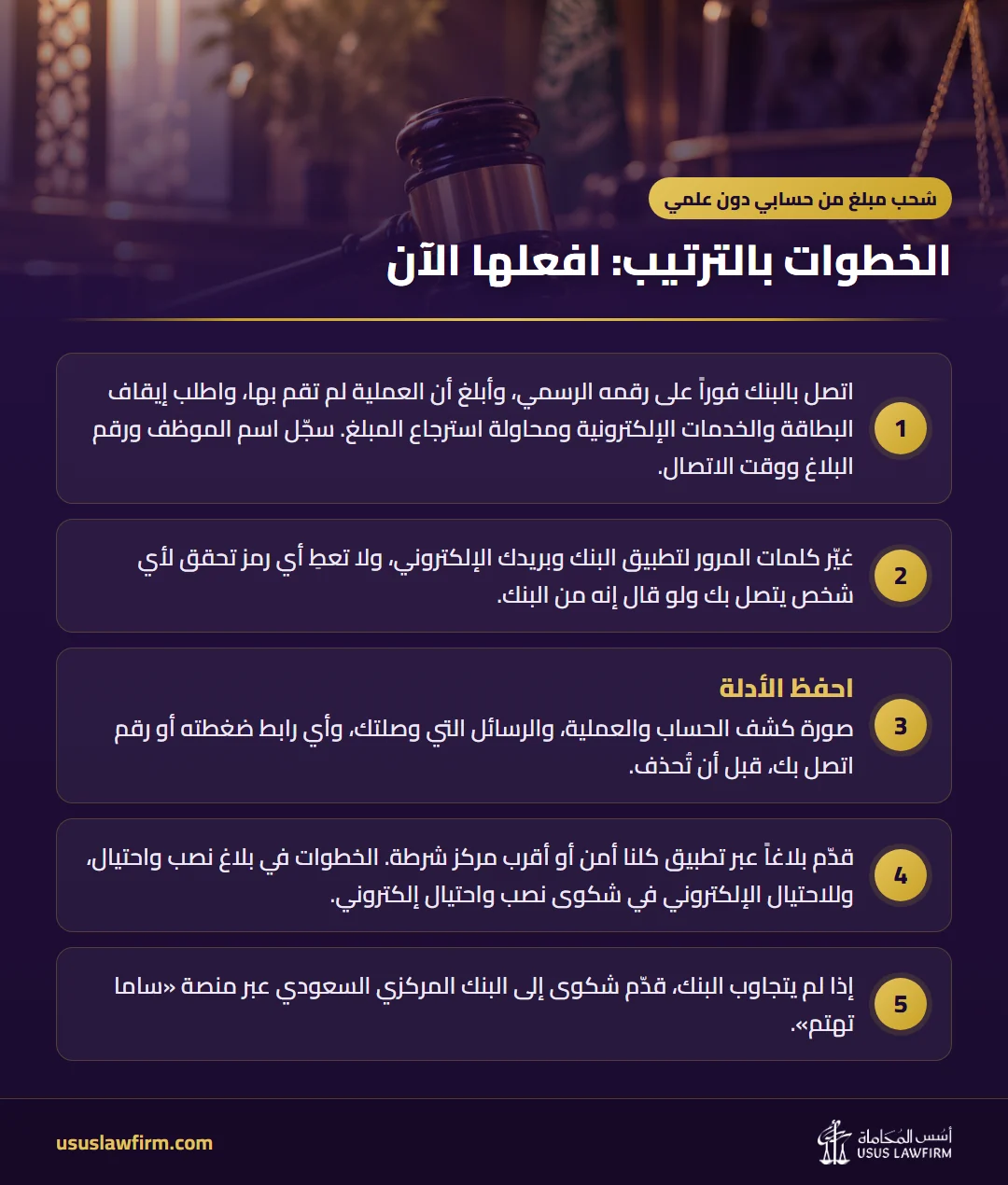 الخطوات بالترتيب: افعلها الآن — سُحب مبلغ من حسابي دون علمي (إنفوجراف أسس المحاماة)