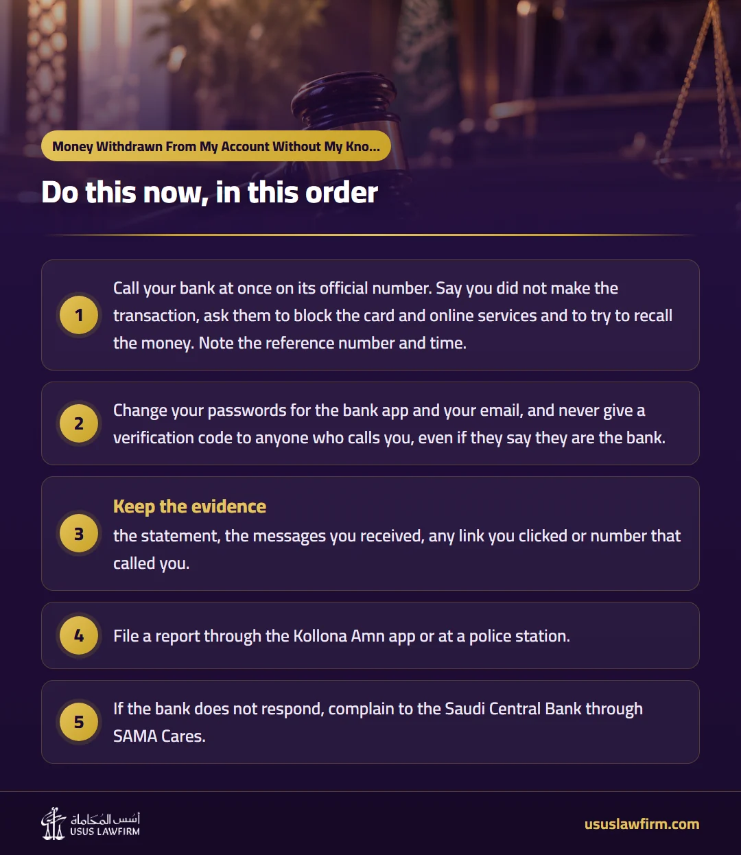 Do this now, in this order — Money Withdrawn From My Account Without My Knowledge in Saudi Arabia (Usus Law Firm infographic)