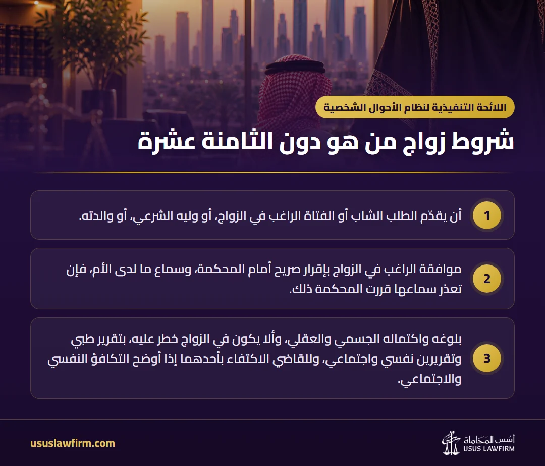 شروط زواج من هو دون الثامنة عشرة — اللائحة التنفيذية لنظام الأحوال الشخصية (إنفوجراف أسس المحاماة)