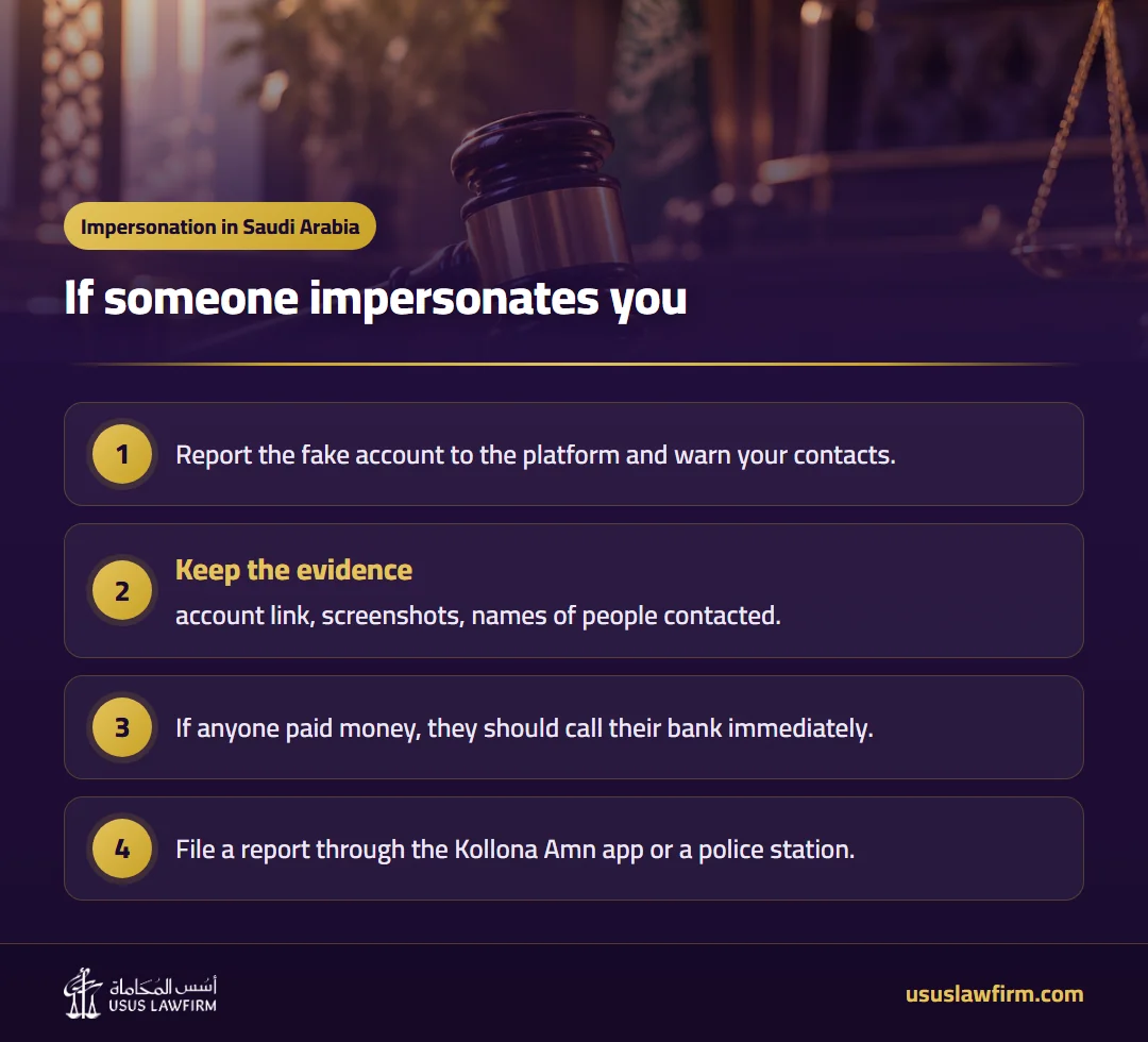 If someone impersonates you — Impersonation in Saudi Arabia (Usus Law Firm infographic)