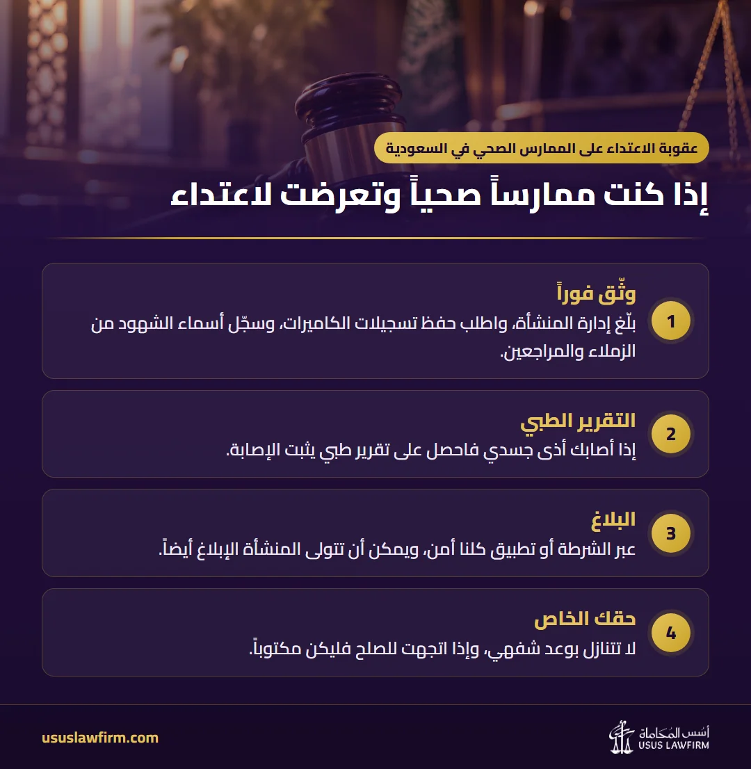 إذا كنت ممارساً صحياً وتعرضت لاعتداء — عقوبة الاعتداء على الممارس الصحي في السعودية (إنفوجراف أسس المحاماة)