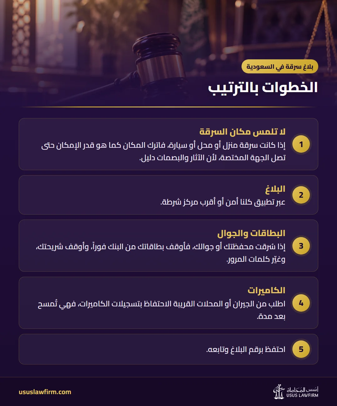 الخطوات بالترتيب — بلاغ سرقة في السعودية (إنفوجراف أسس المحاماة)