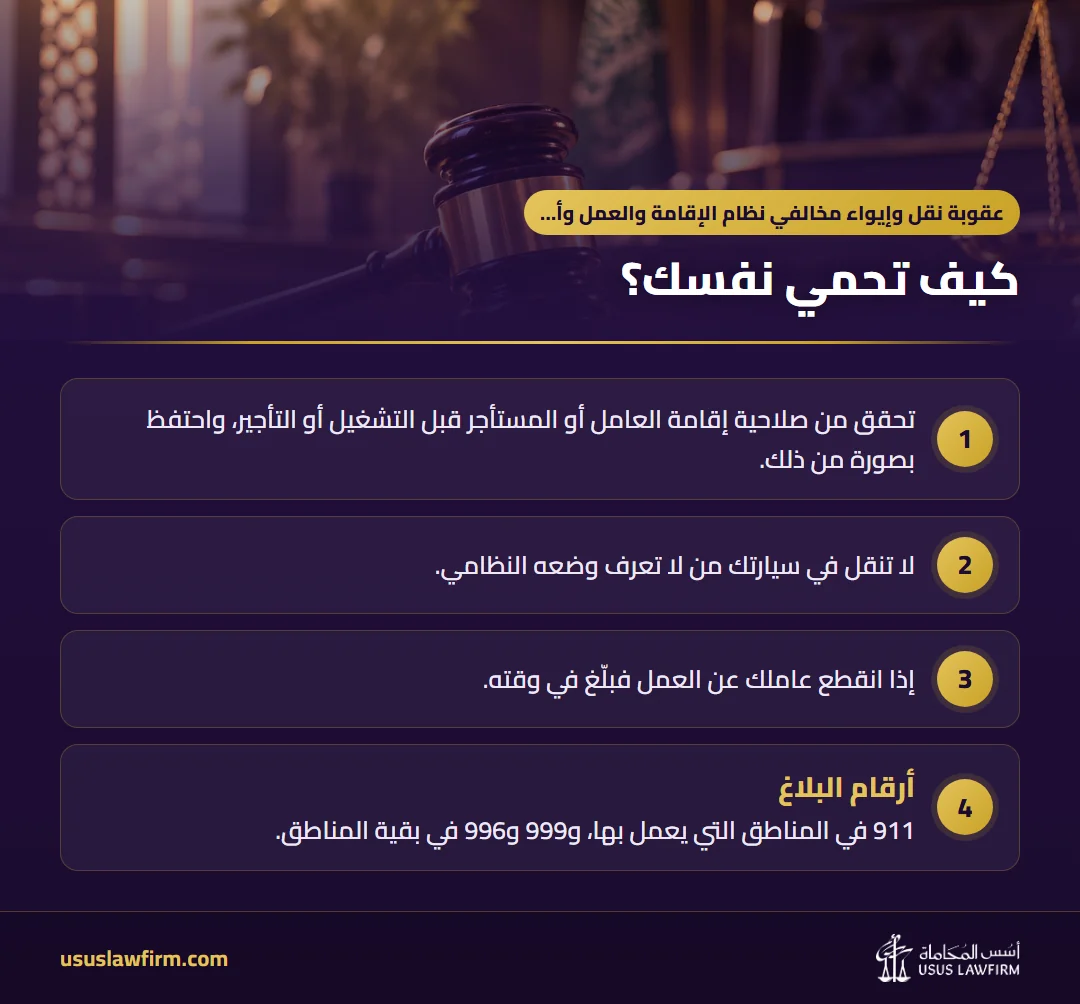 كيف تحمي نفسك؟ — عقوبة نقل وإيواء مخالفي نظام الإقامة والعمل وأمن الحدود في السعودية (إنفوجراف أسس المحاماة)