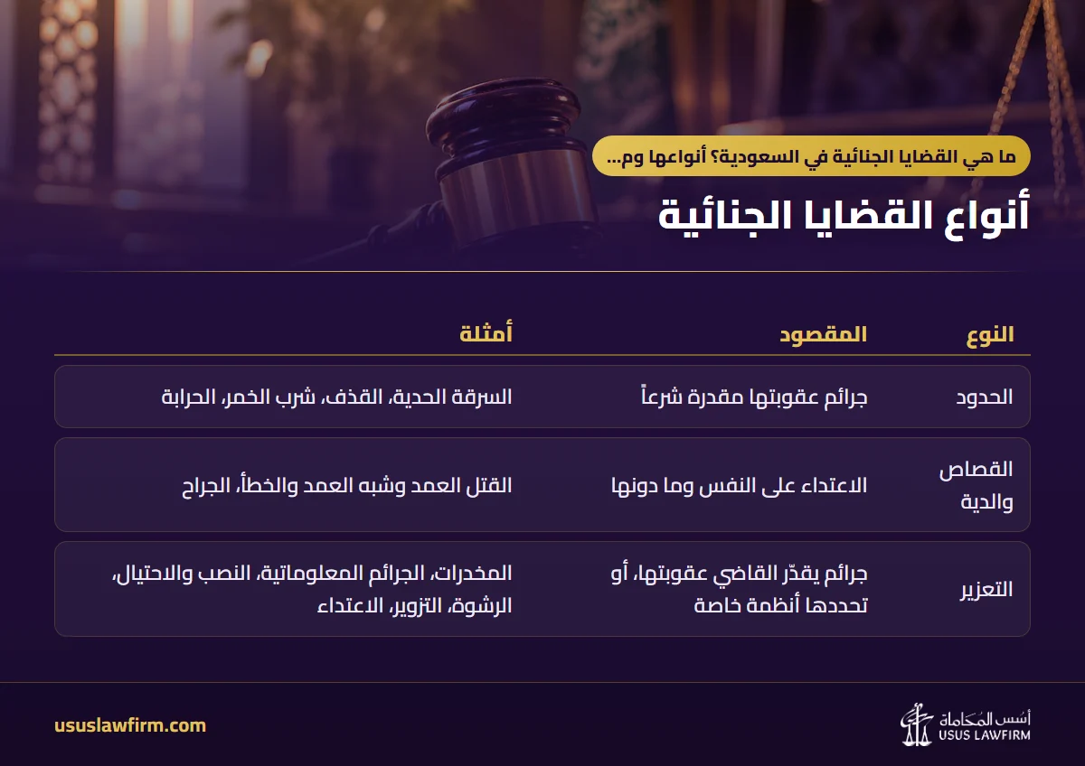 أنواع القضايا الجنائية — ما هي القضايا الجنائية في السعودية؟ أنواعها ومراحلها والحق العام والخاص (إنفوجراف أسس المحاماة)