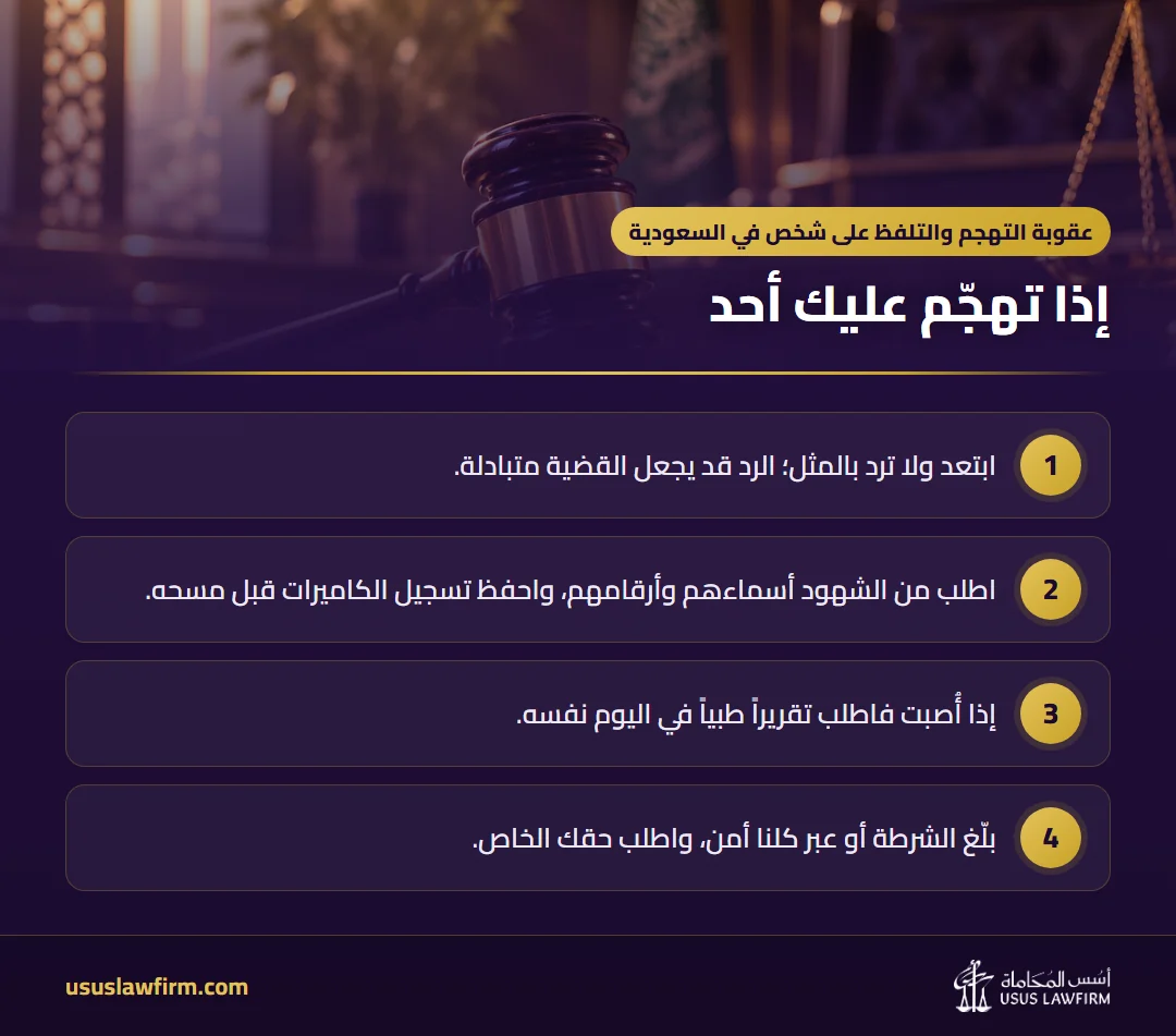 إذا تهجّم عليك أحد — عقوبة التهجم والتلفظ على شخص في السعودية (إنفوجراف أسس المحاماة)