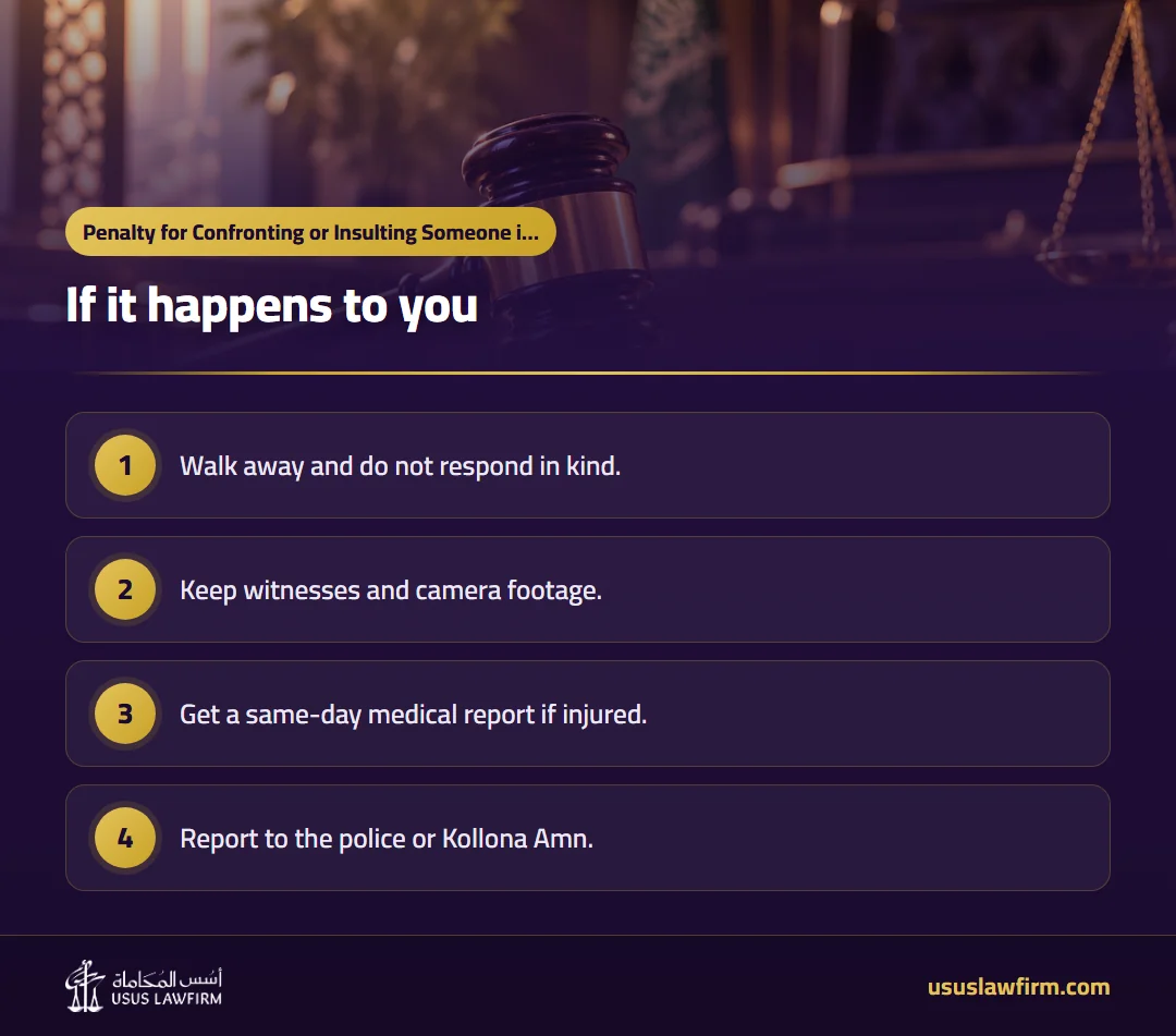 If it happens to you — Penalty for Confronting or Insulting Someone in Saudi Arabia (Usus Law Firm infographic)